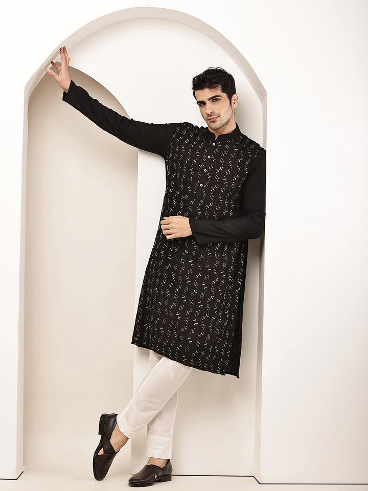 Men's Straight Black Viscose Silk embroidery Kurta | SHOBITAM