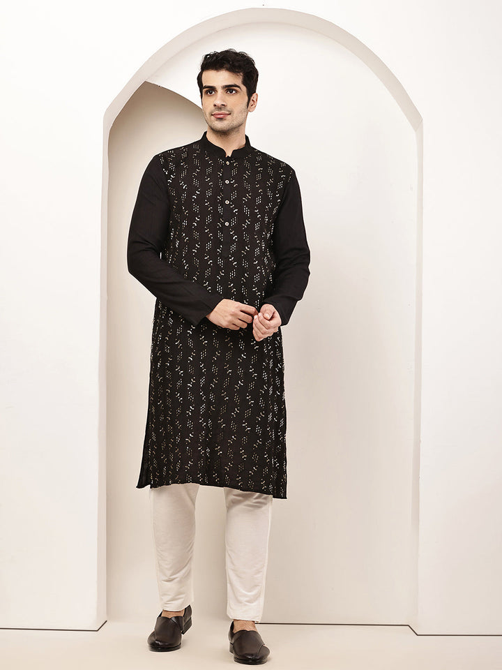 Men's Straight Black Viscose Silk embroidery Kurta | SHOBITAM