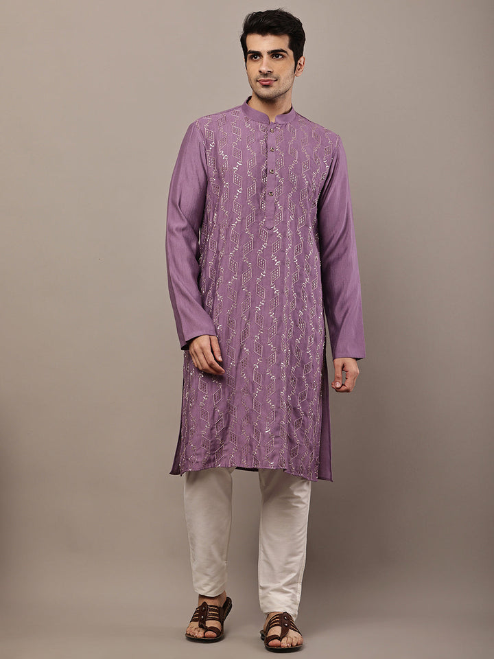 Men's Straight Purple Viscose Silk embroidery Kurta | SHOBITAM