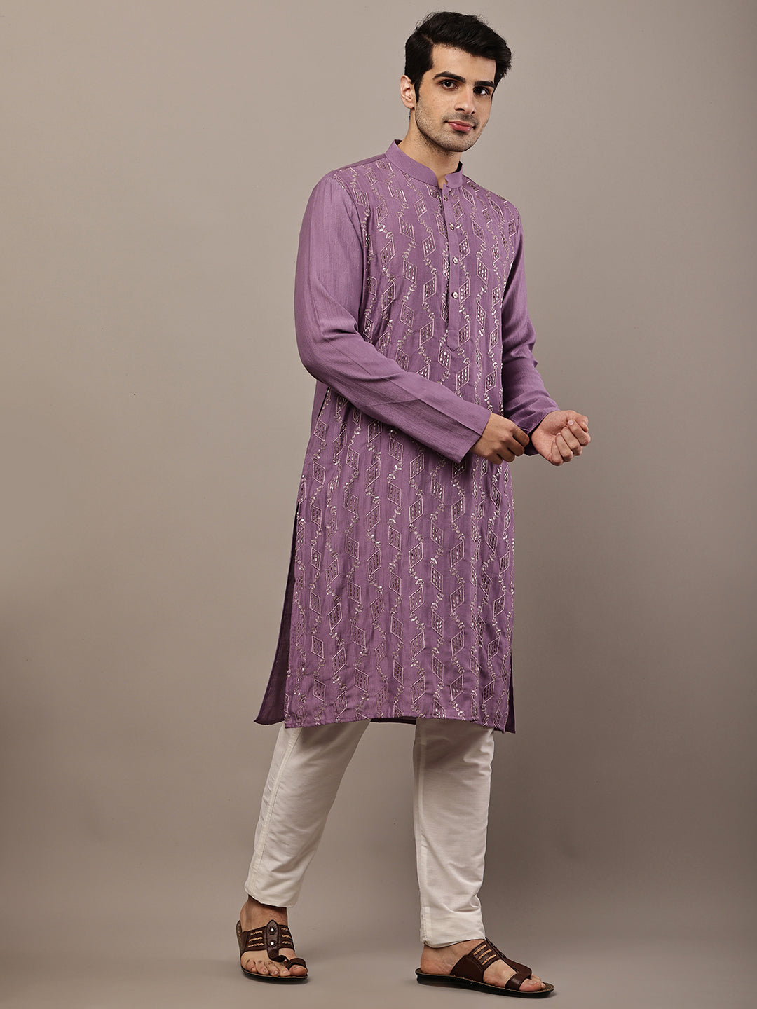 Men's Straight Purple Viscose Silk embroidery Kurta | SHOBITAM