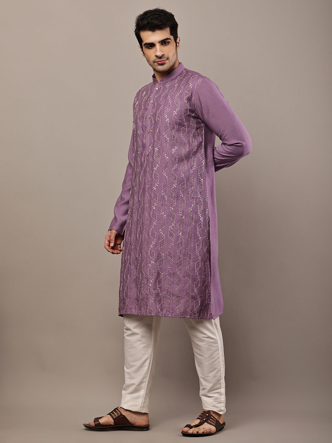 Men's Straight Purple Viscose Silk embroidery Kurta | SHOBITAM