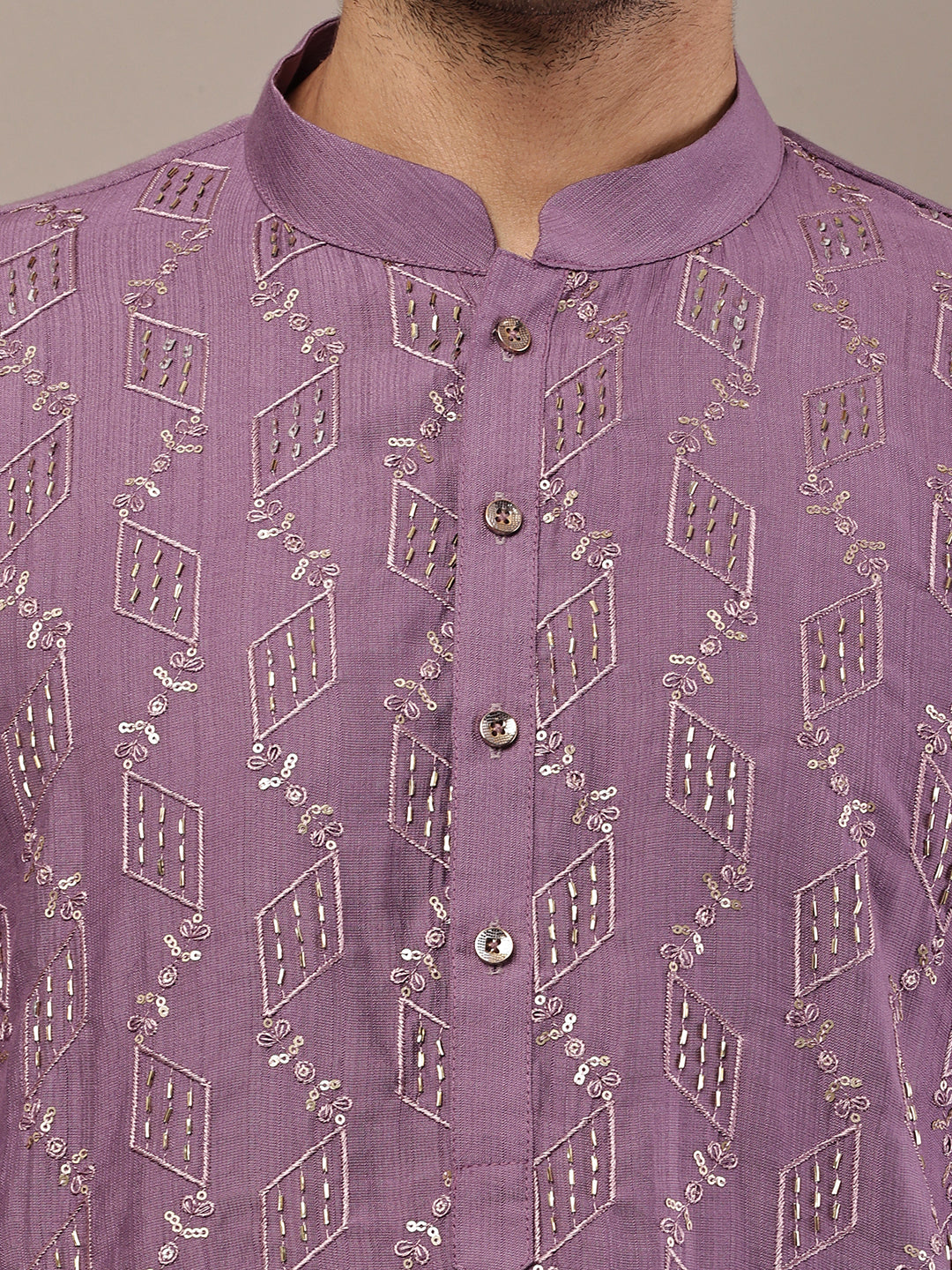 Men's Straight Purple Viscose Silk embroidery Kurta | SHOBITAM