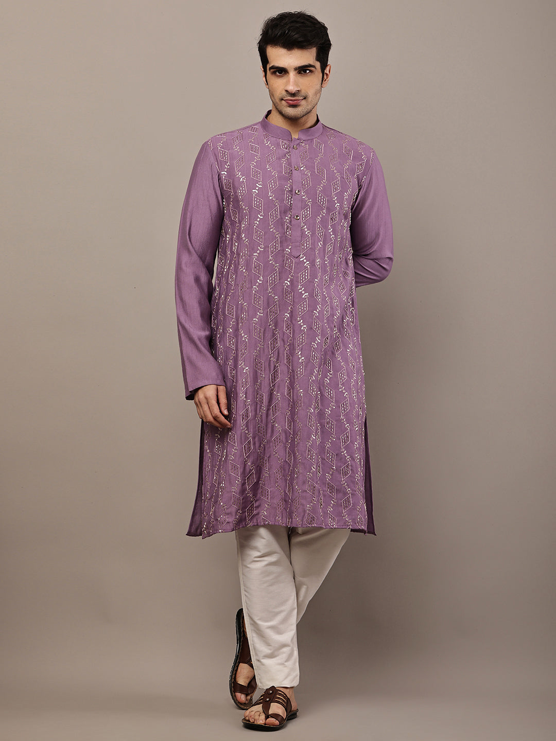 Men's Straight Purple Viscose Silk embroidery Kurta | SHOBITAM