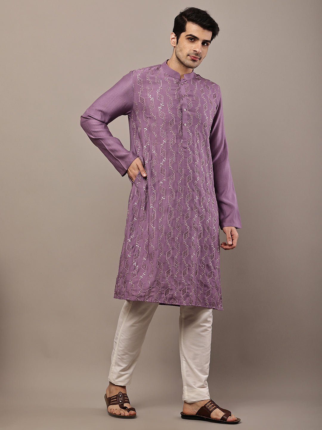 Men's Straight Purple Viscose Silk embroidery Kurta | SHOBITAM
