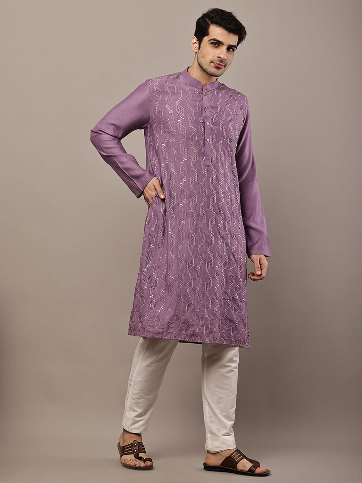 Men's Straight Purple Viscose Silk embroidery Kurta | SHOBITAM