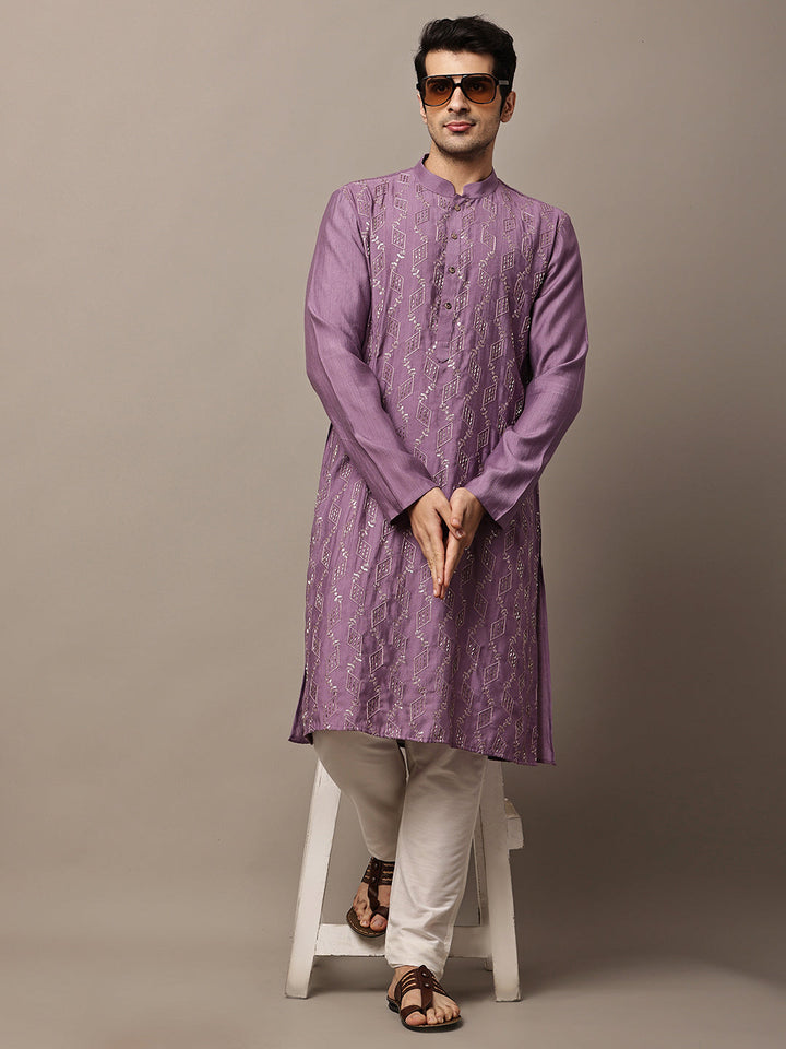 Men's Straight Purple Viscose Silk embroidery Kurta | SHOBITAM