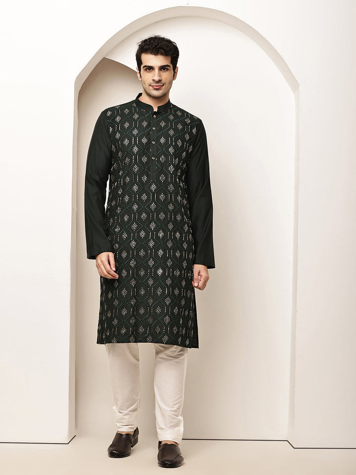 Men's Straight Dark Green Viscose Silk embroidery Kurta | SHOBITAM
