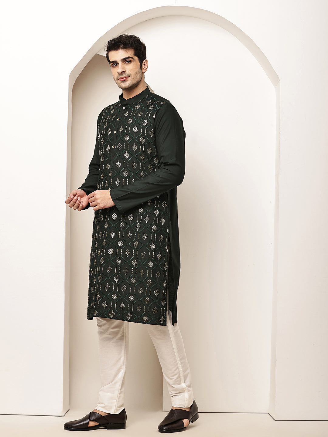Men's Straight Dark Green Viscose Silk embroidery Kurta | SHOBITAM