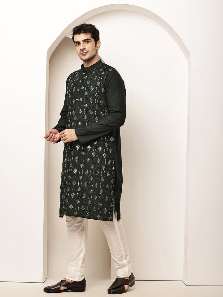 Men's Straight Dark Green Viscose Silk embroidery Kurta | SHOBITAM
