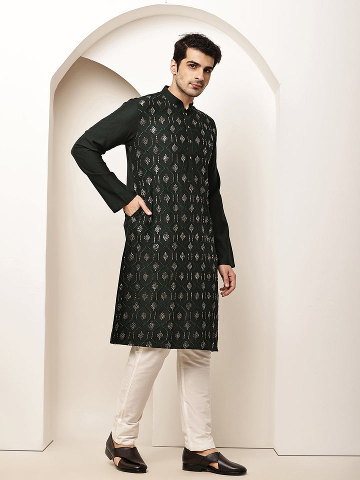 Men's Straight Dark Green Viscose Silk embroidery Kurta | SHOBITAM