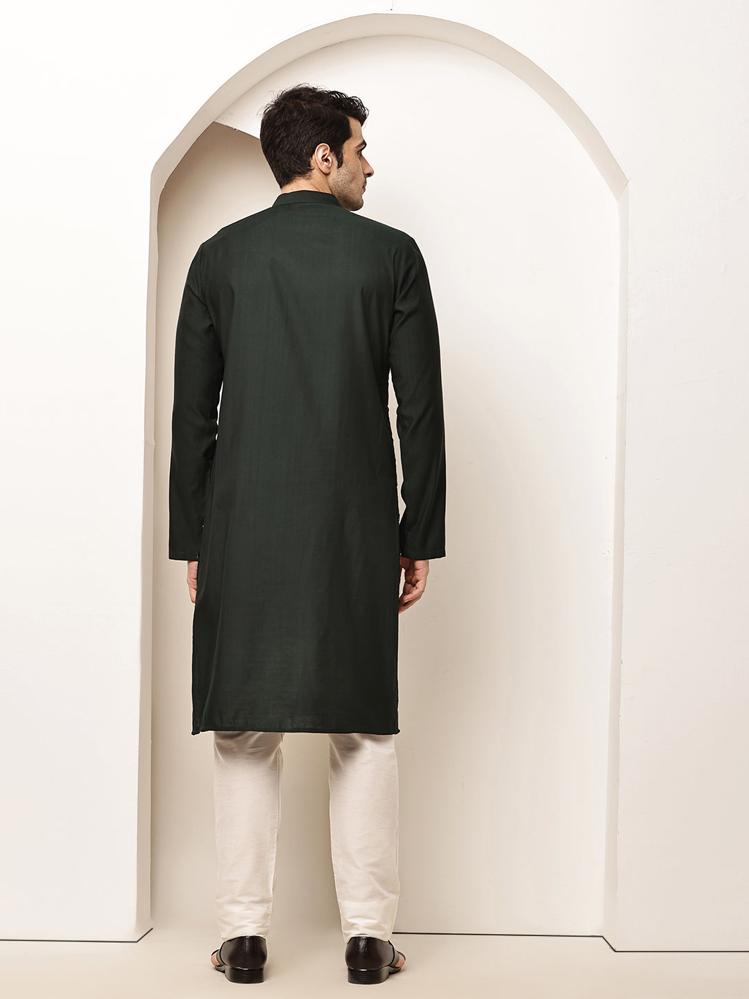 Men's Straight Dark Green Viscose Silk embroidery Kurta | SHOBITAM