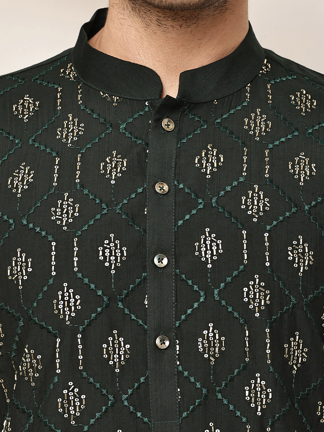 Men's Straight Dark Green Viscose Silk embroidery Kurta | SHOBITAM