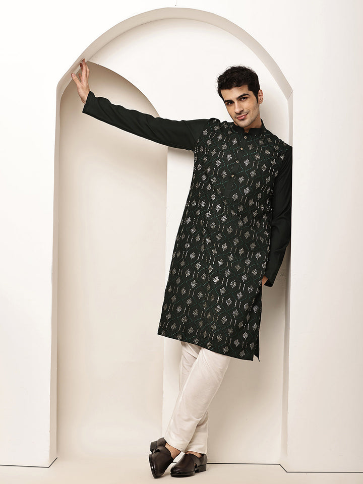 Men's Straight Dark Green Viscose Silk embroidery Kurta | SHOBITAM