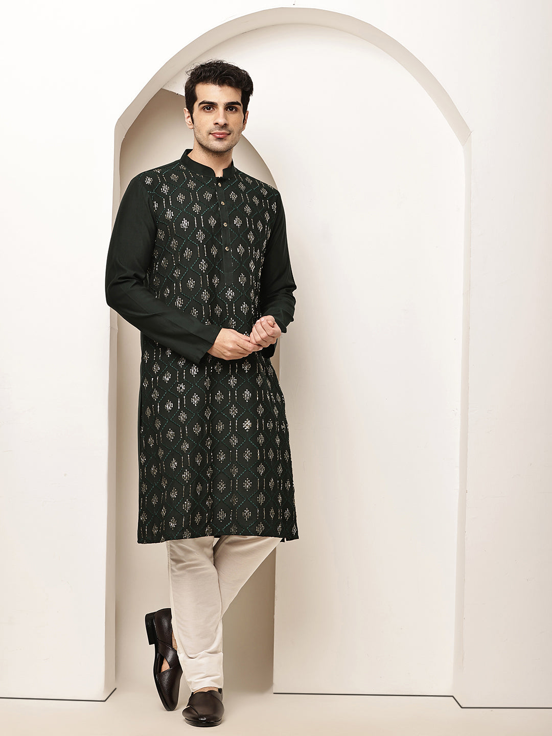 Men's Straight Dark Green Viscose Silk embroidery Kurta | SHOBITAM