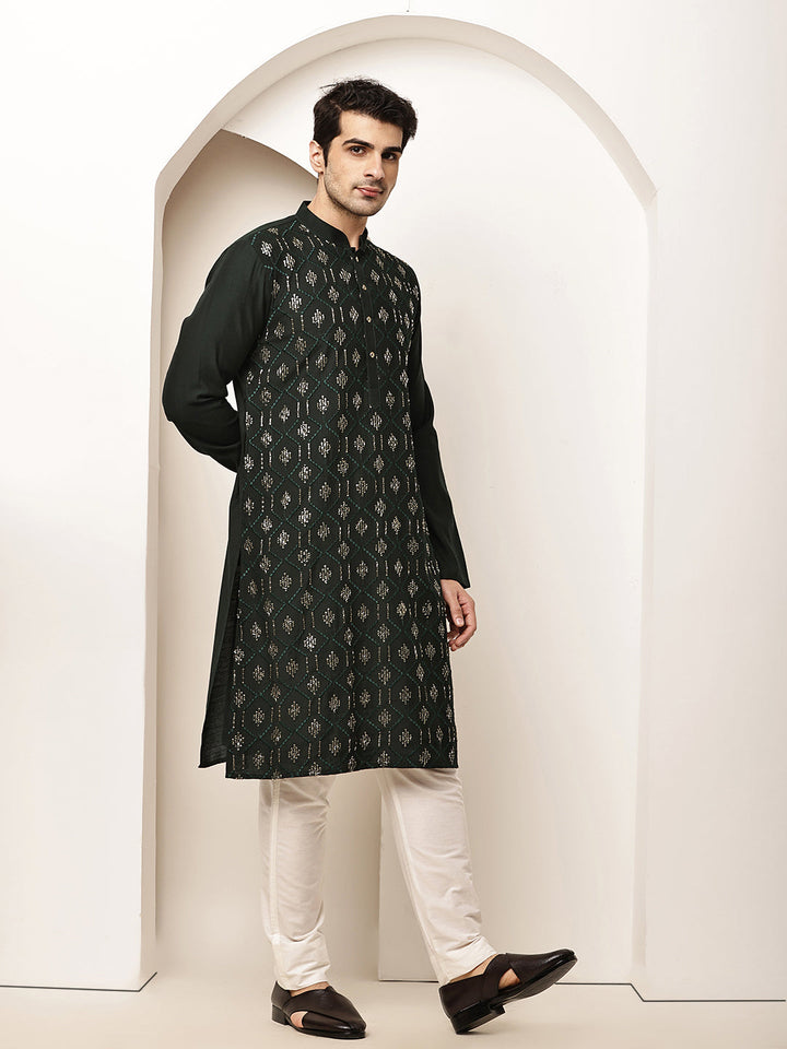 Men's Straight Dark Green Viscose Silk embroidery Kurta | SHOBITAM