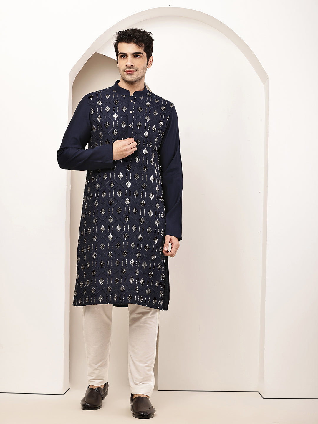 Men's Straight Navy Blue Viscose Silk embroidery Kurta | SHOBITAM