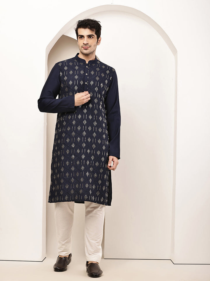 Men's Straight Navy Blue Viscose Silk embroidery Kurta | SHOBITAM