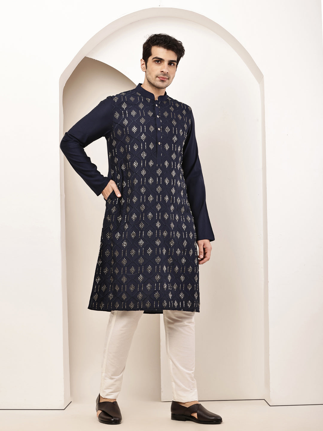 Men's Straight Navy Blue Viscose Silk embroidery Kurta | SHOBITAM