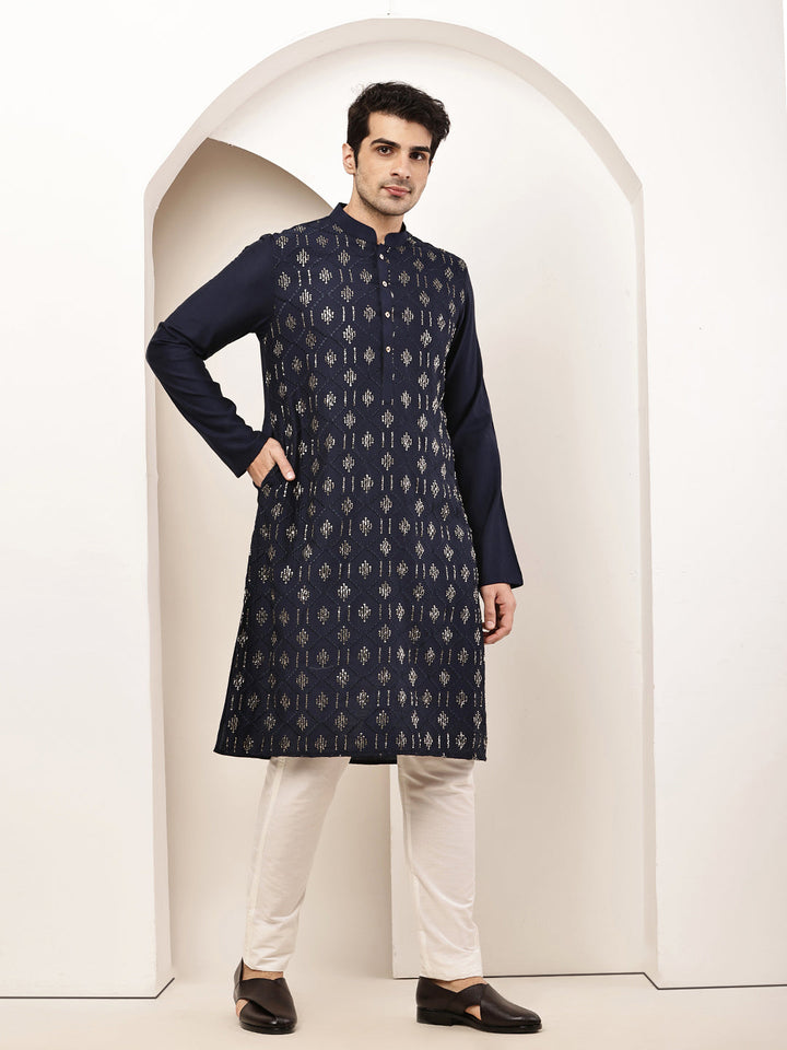 Men's Straight Navy Blue Viscose Silk embroidery Kurta | SHOBITAM