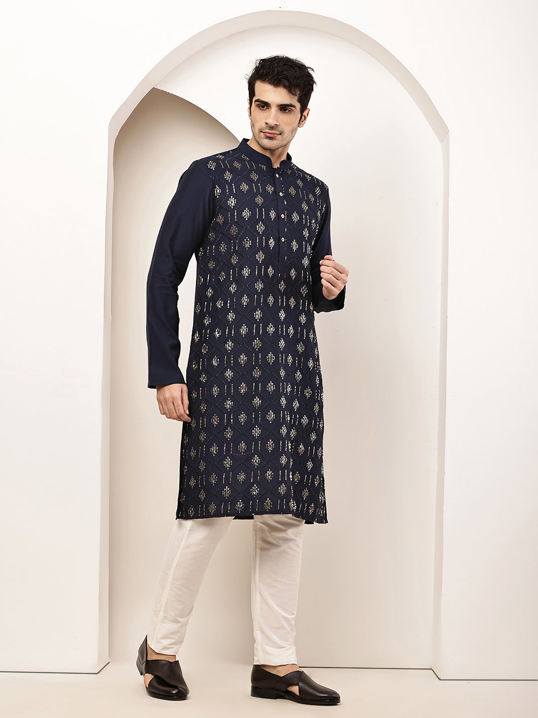 Men's Straight Navy Blue Viscose Silk embroidery Kurta | SHOBITAM