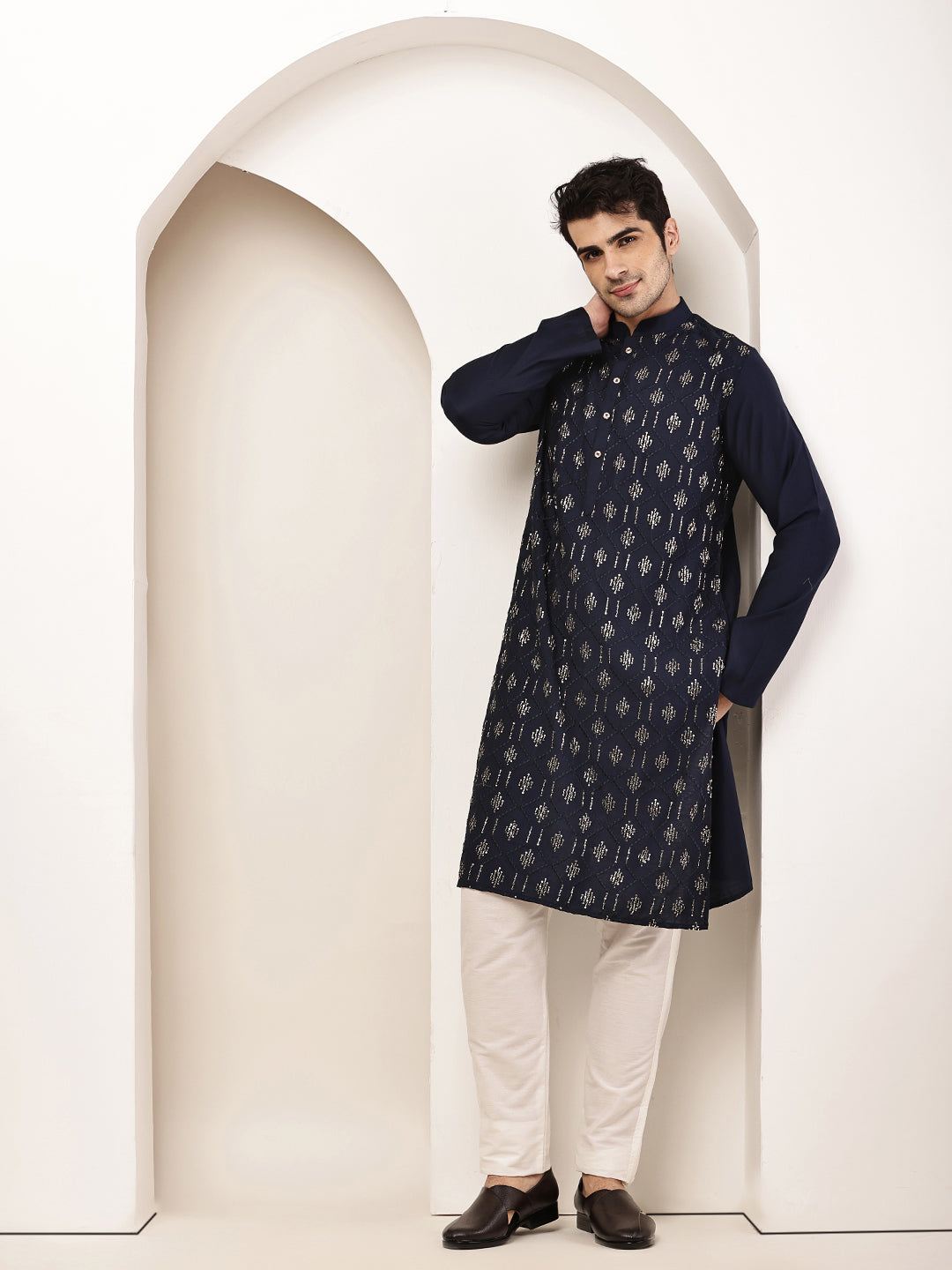 Men's Straight Navy Blue Viscose Silk embroidery Kurta | SHOBITAM