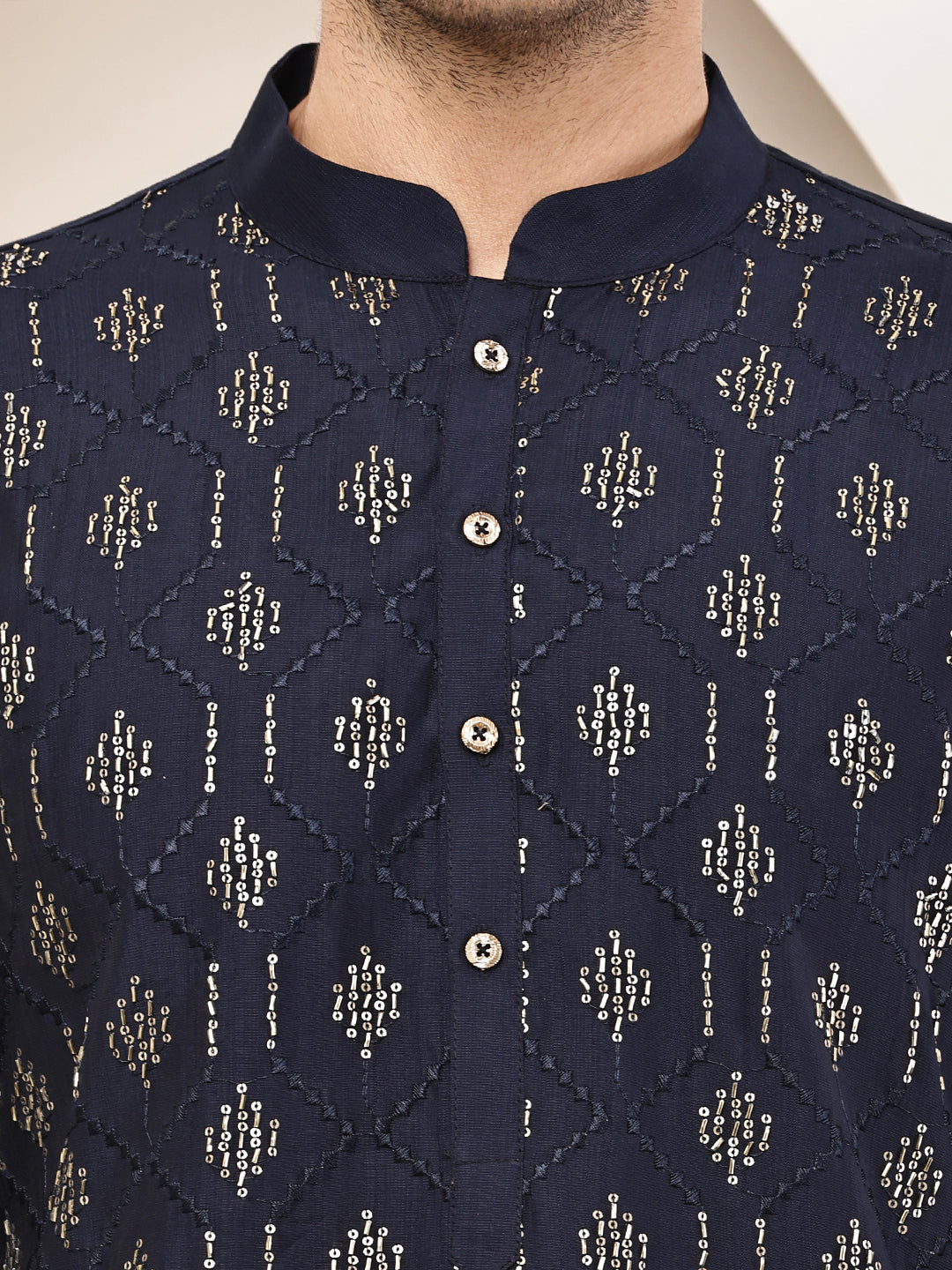 Men's Straight Navy Blue Viscose Silk embroidery Kurta | SHOBITAM