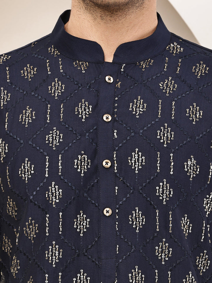 Men's Straight Navy Blue Viscose Silk embroidery Kurta | SHOBITAM