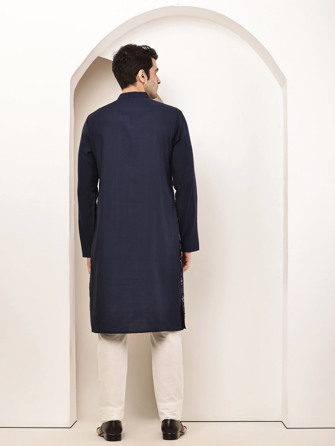 Men's Straight Navy Blue Viscose Silk embroidery Kurta | SHOBITAM