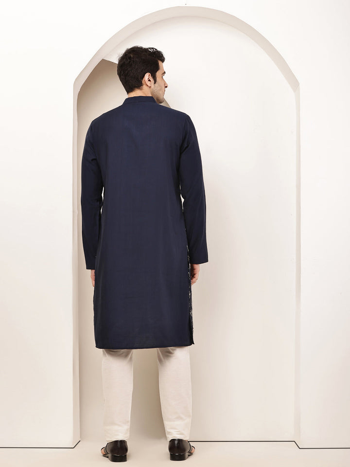 Men's Straight Navy Blue Viscose Silk embroidery Kurta | SHOBITAM