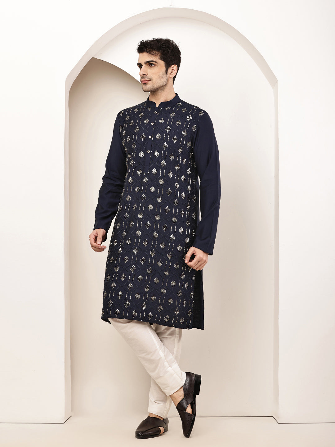Men's Straight Navy Blue Viscose Silk embroidery Kurta | SHOBITAM