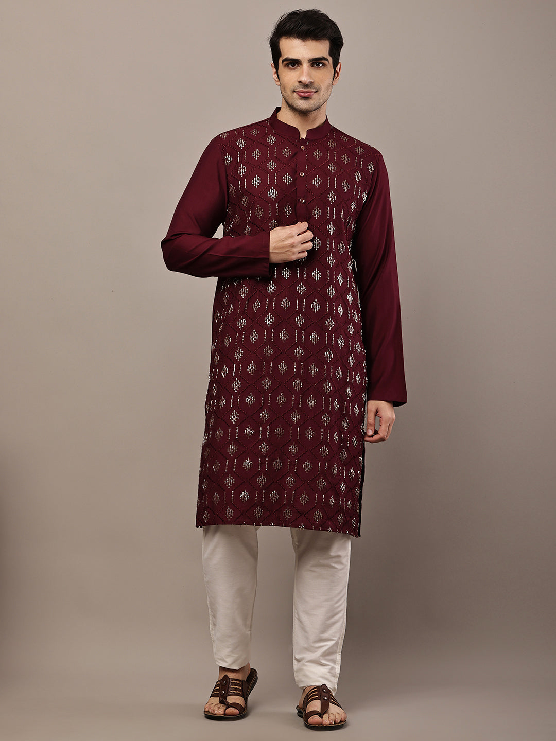 Men's Straight Maroon Viscose Silk embroidery Kurta | SHOBITAM