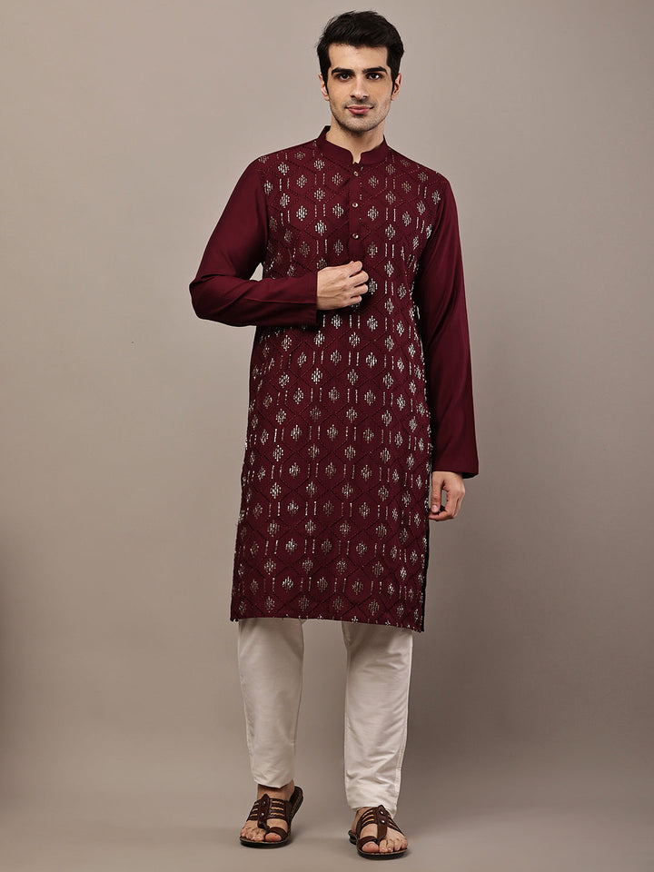 Men's Straight Maroon Viscose Silk embroidery Kurta | SHOBITAM