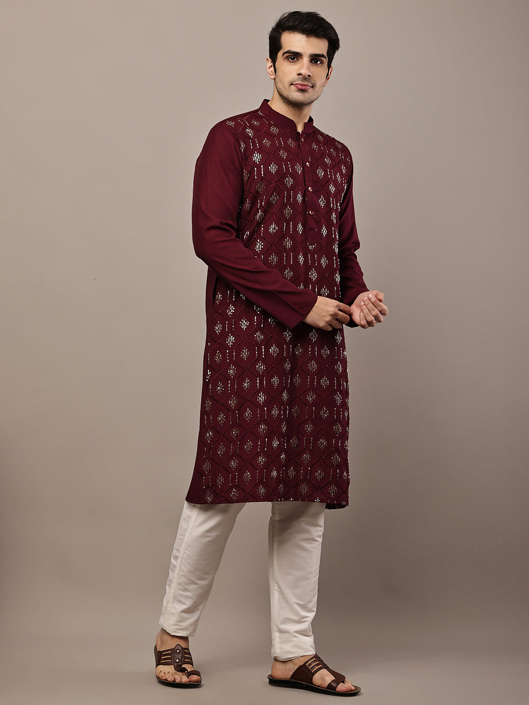 Men's Straight Maroon Viscose Silk embroidery Kurta | SHOBITAM