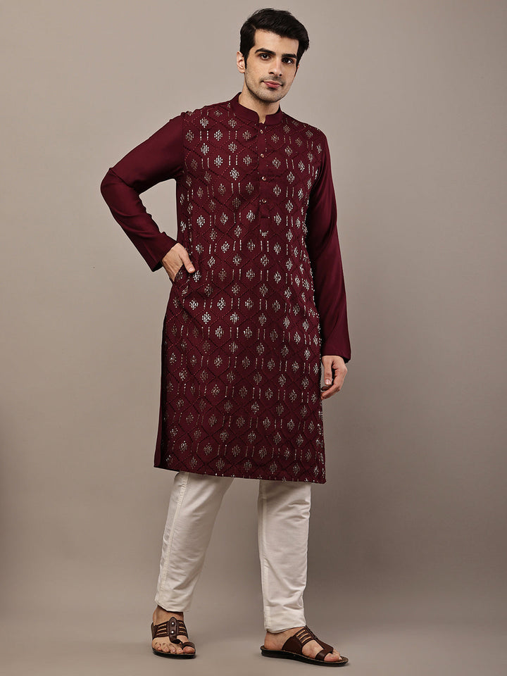 Men's Straight Maroon Viscose Silk embroidery Kurta | SHOBITAM