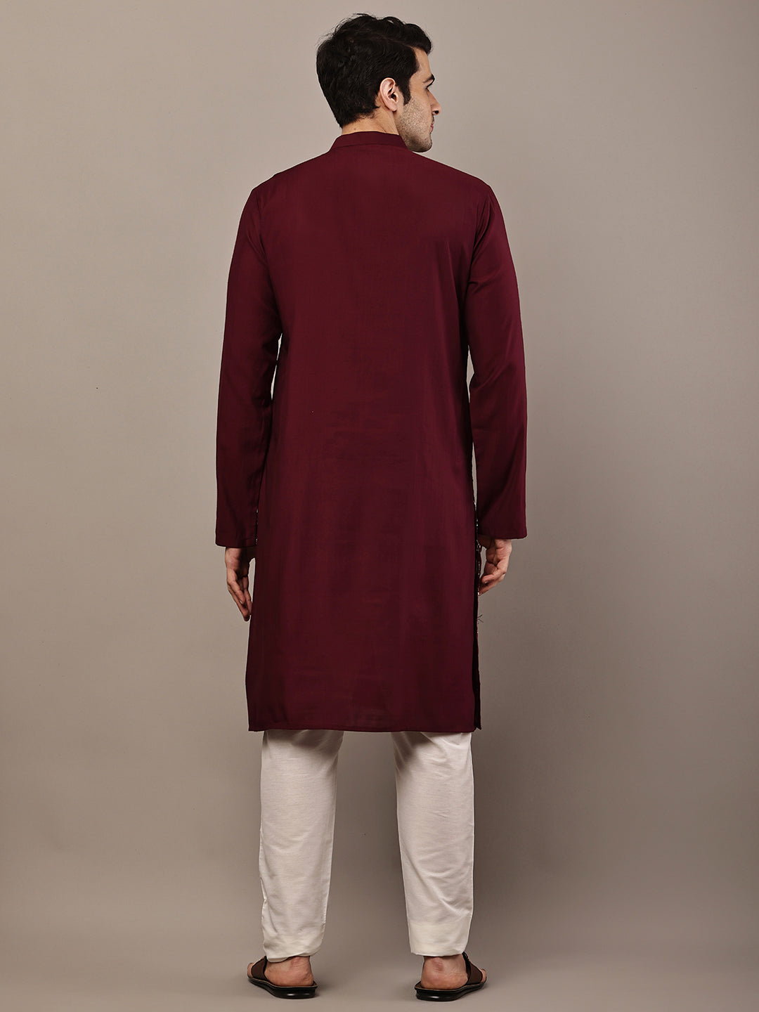 Men's Straight Maroon Viscose Silk embroidery Kurta | SHOBITAM