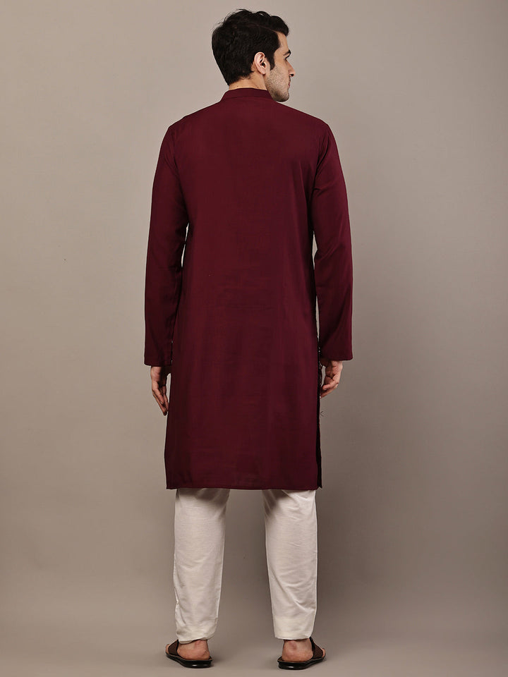 Men's Straight Maroon Viscose Silk embroidery Kurta | SHOBITAM