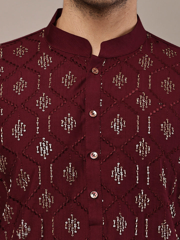 Men's Straight Maroon Viscose Silk embroidery Kurta | SHOBITAM