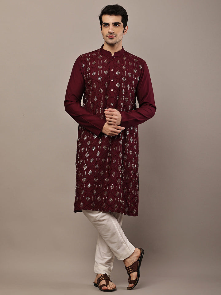 Men's Straight Maroon Viscose Silk embroidery Kurta | SHOBITAM
