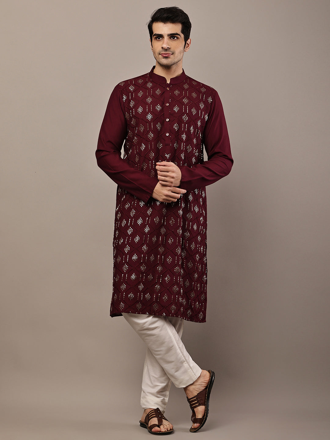 Men's Straight Maroon Viscose Silk embroidery Kurta | SHOBITAM