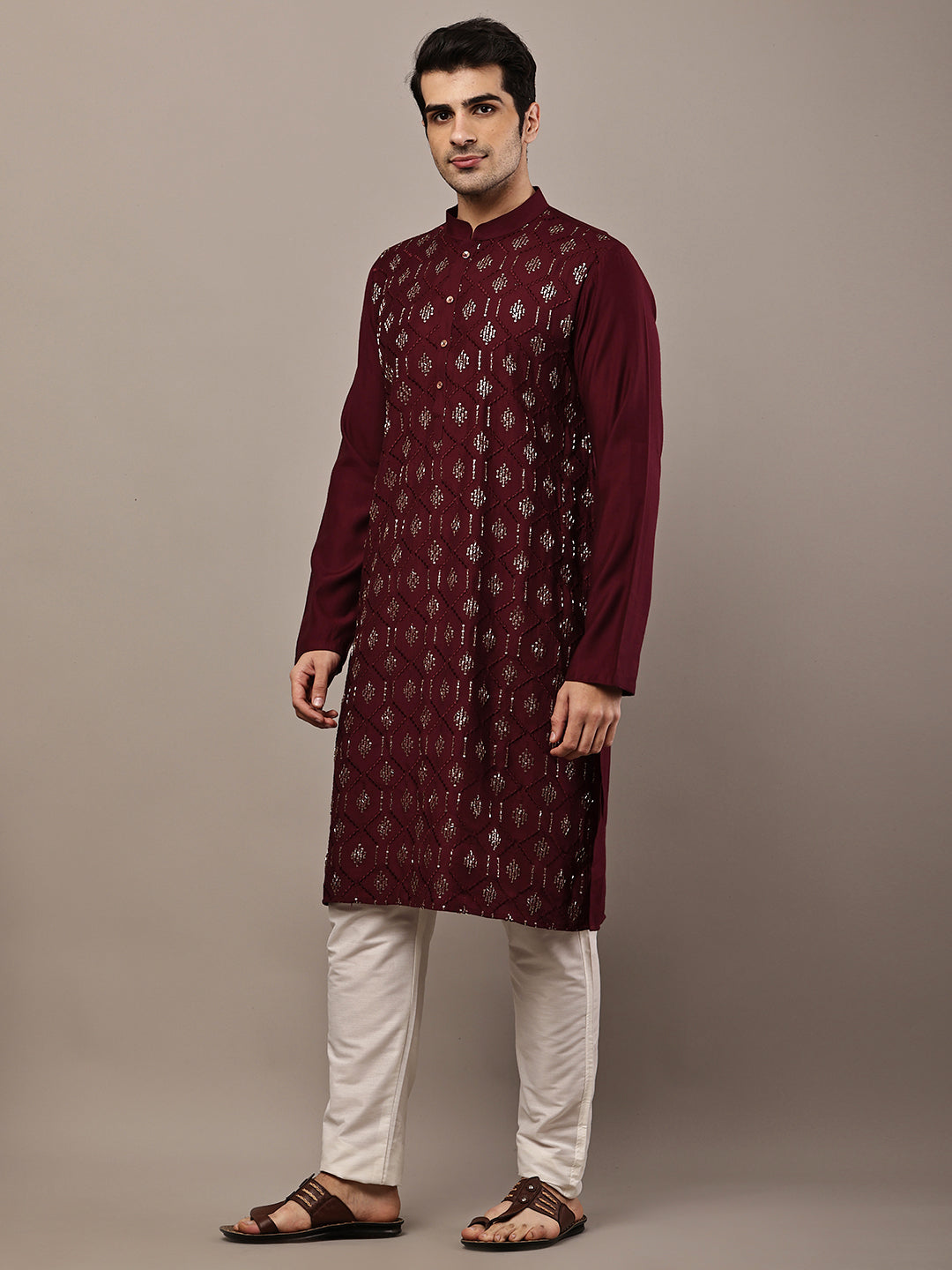 Men's Straight Maroon Viscose Silk embroidery Kurta | SHOBITAM
