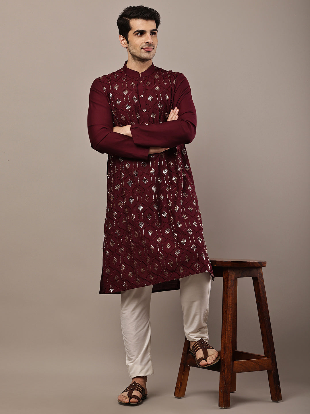 Men's Straight Maroon Viscose Silk embroidery Kurta | SHOBITAM
