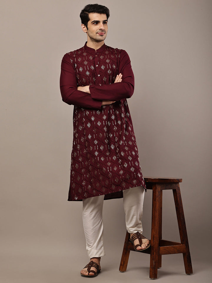 Men's Straight Maroon Viscose Silk embroidery Kurta | SHOBITAM