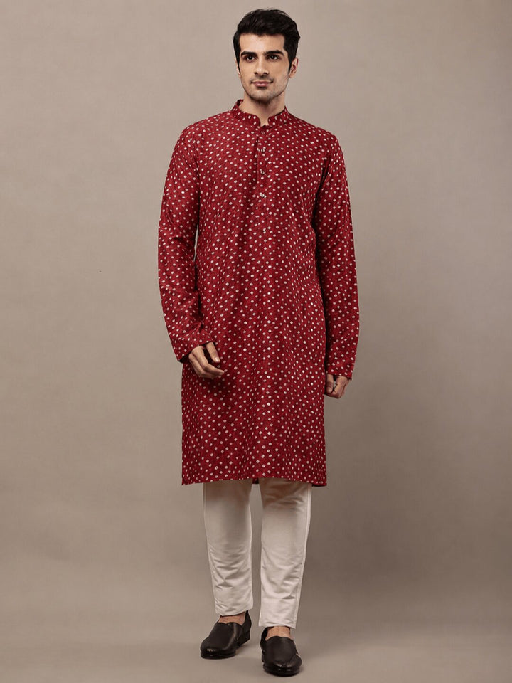 Men’s Red Printed Ethnic Kurta Set | SHOBITAM