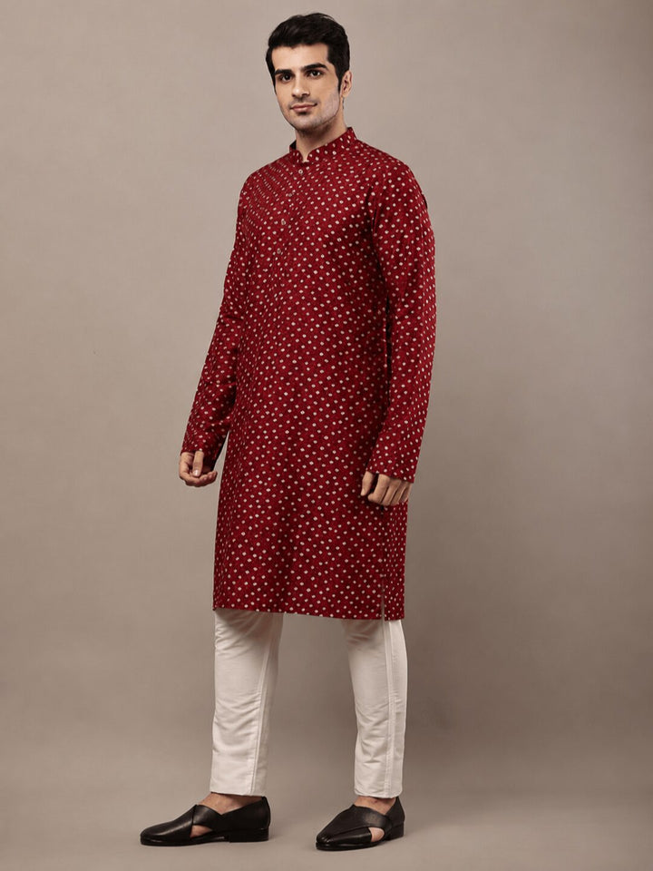 Men’s Red Printed Ethnic Kurta Set | SHOBITAM