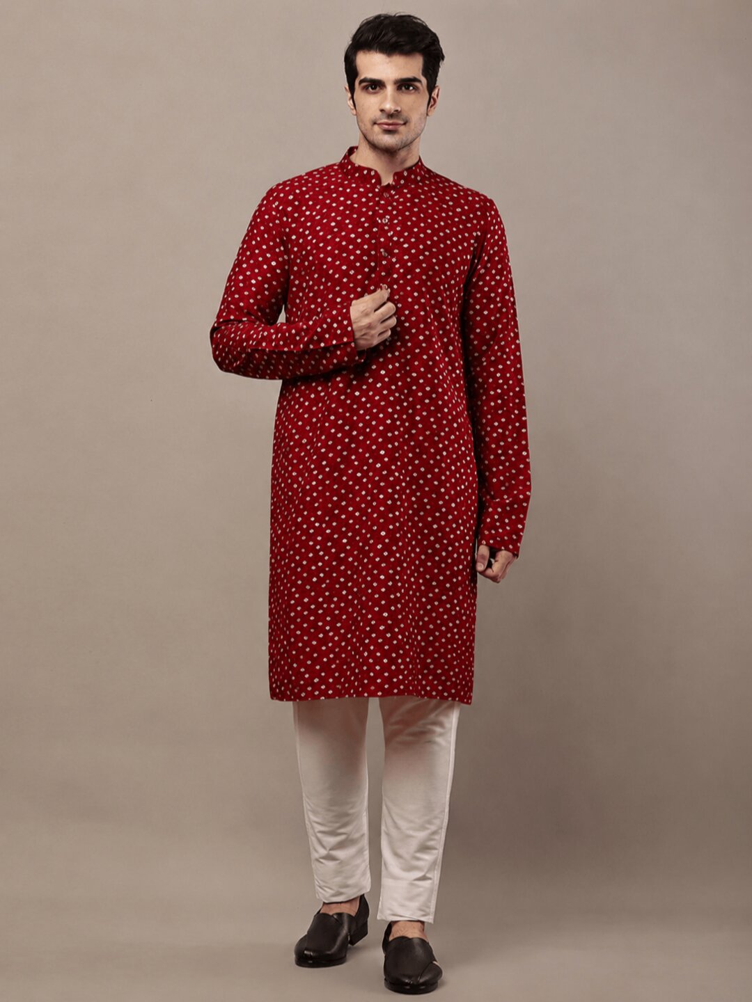 Men’s Red Printed Ethnic Kurta Set | SHOBITAM