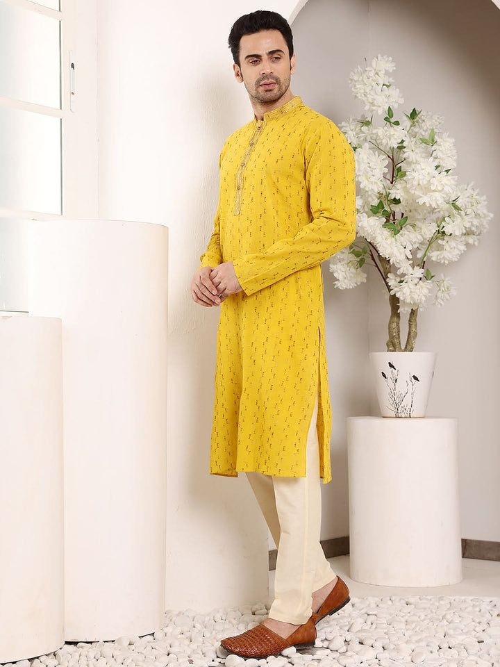 Men's Long Sleeve Mandarin Collar Straight Yellow Cotton Kurta with thread embroidery | SHOBITAM