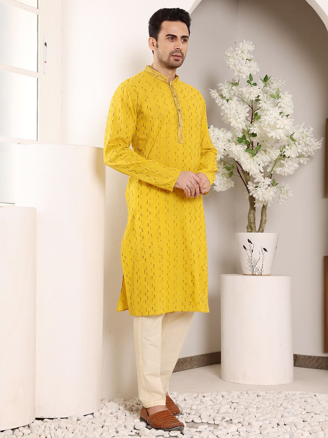 Men's Long Sleeve Mandarin Collar Straight Yellow Cotton Kurta with thread embroidery | SHOBITAM
