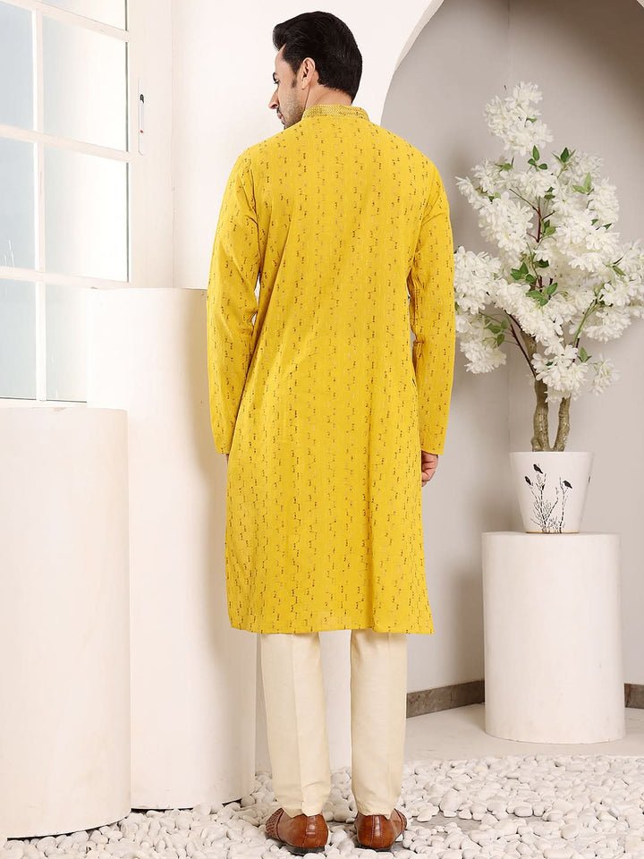 Men's Long Sleeve Mandarin Collar Straight Yellow Cotton Kurta with thread embroidery | SHOBITAM