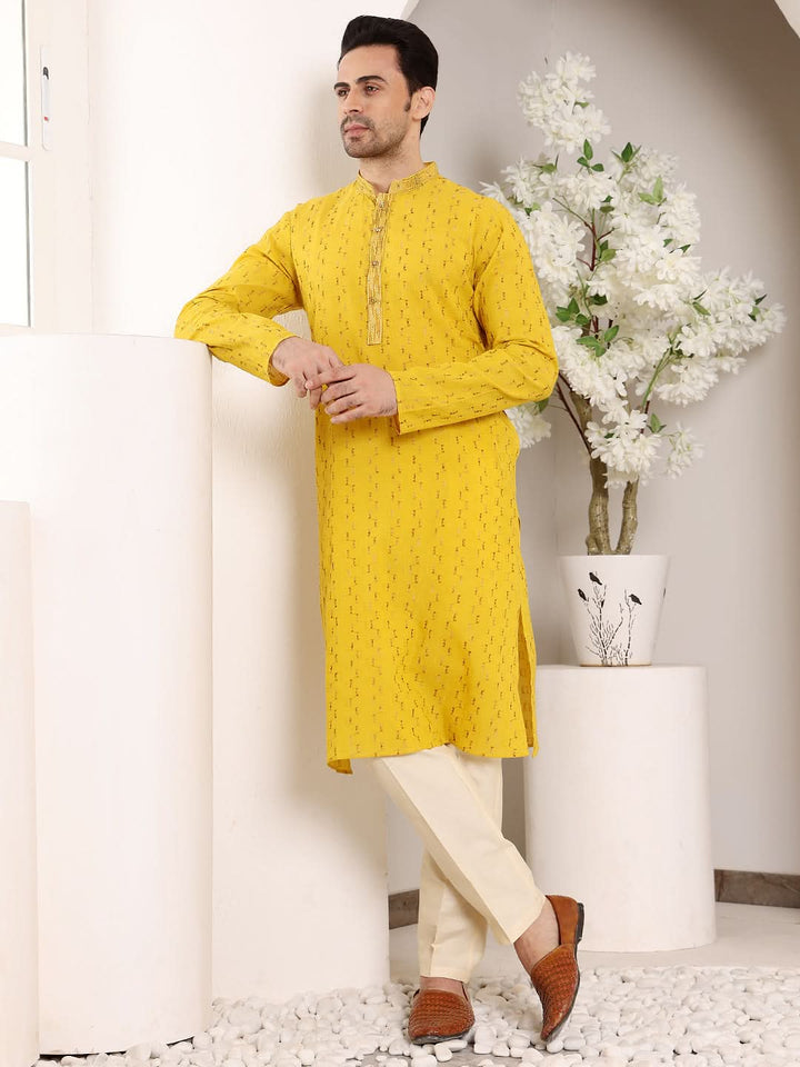 Men's Long Sleeve Mandarin Collar Straight Yellow Cotton Kurta with thread embroidery | SHOBITAM