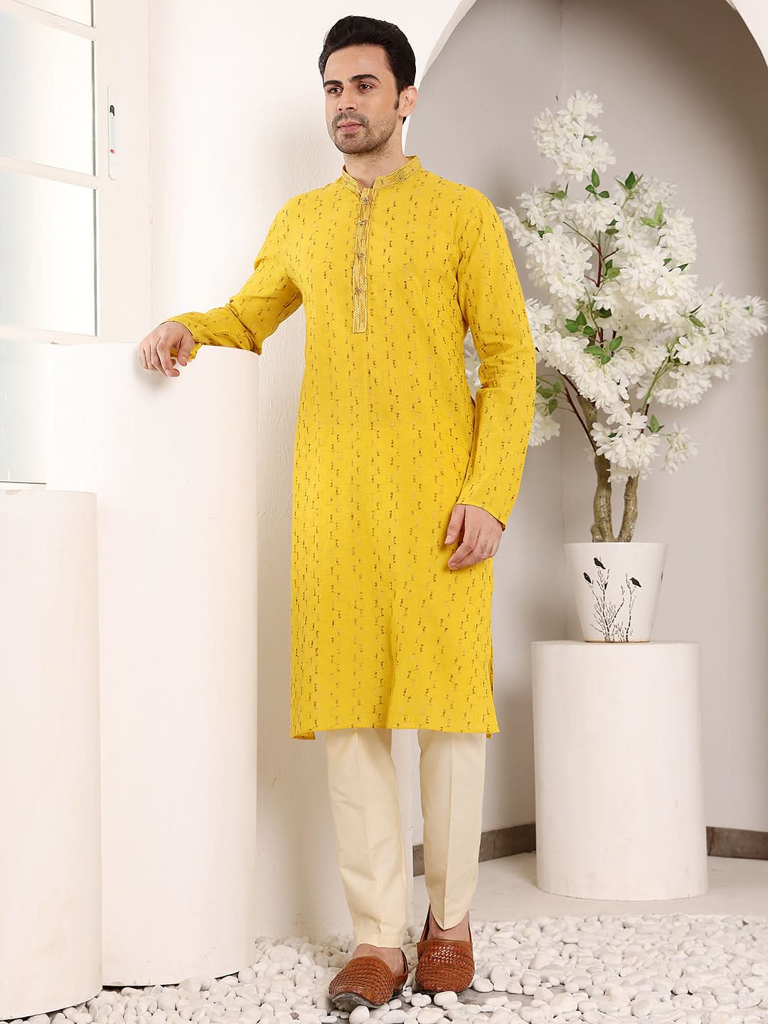 Men's Long Sleeve Mandarin Collar Straight Yellow Cotton Kurta with thread embroidery | SHOBITAM
